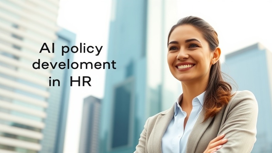 Smiling woman promoting AI policy in HR technology, vibrant corporate design.