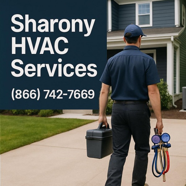Promotional tile for Sharony HVAC Services with technician and outdoor unit.