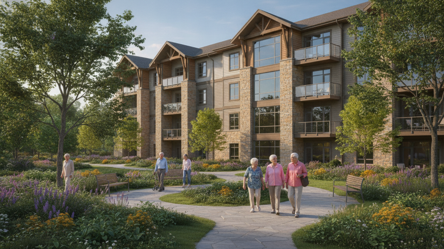 Illustrative senior residential community with landscaped accessible paths