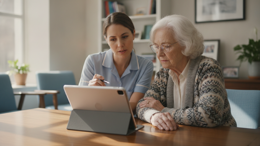 Concept illustration of a nurse and an older woman reviewing care information on a tablet