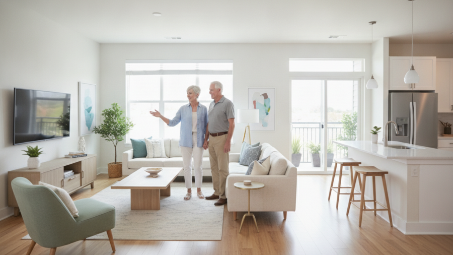Concept illustration of a retired couple touring a modern independent-living apartment; not the actual development