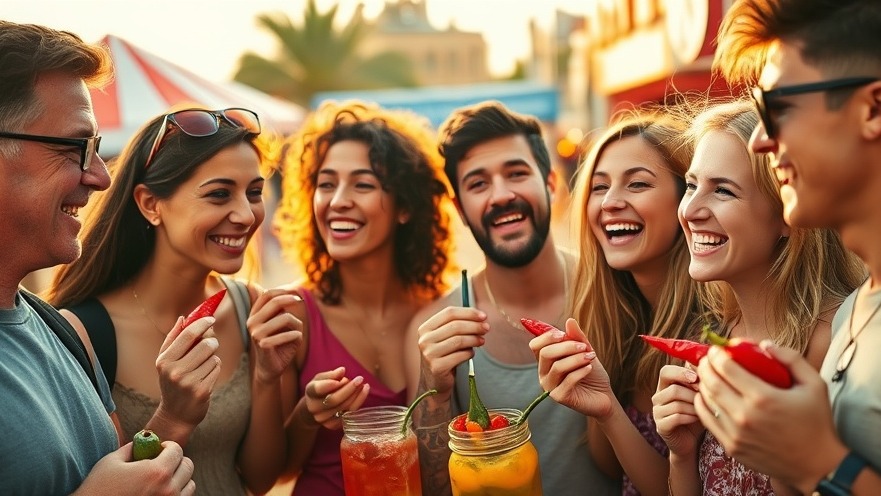 Enthusiastic friends enjoying spicy food at Huntington Beach events.
