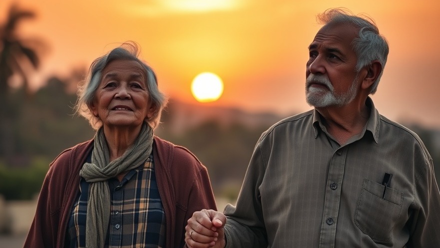 Elderly immigrant couple holding hands at sunset, symbolizing hope and immigrant rights.