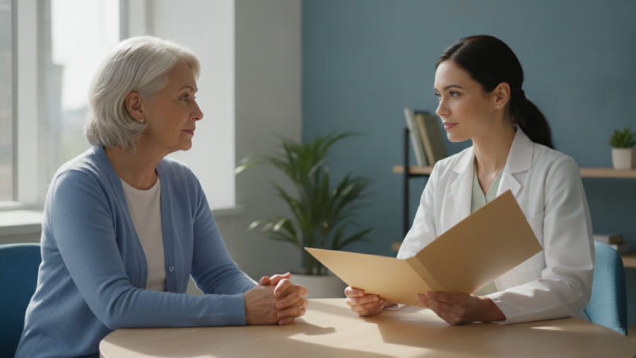 Illustration of an older woman discussing lung cancer screening with a physician