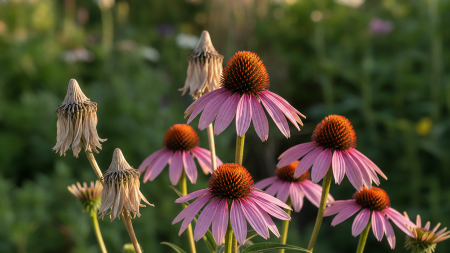 Purple coneflowers with fresh blooms and dried flower heads in a garden.