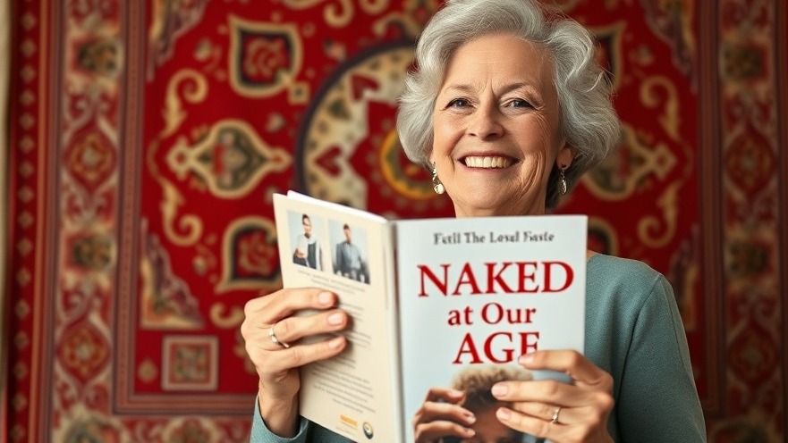 Joyful senior woman with 'Naked at Our Age' book, symbolizing senior intimacy and empowerment.