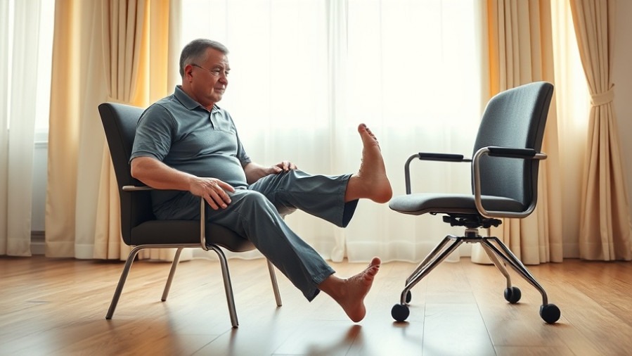 Senior mobility exercises: a man performs ankle strength exercises with a chair indoors.