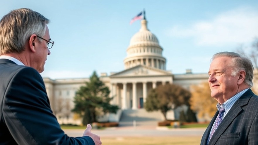 Two men discussing Medicaid cuts for senior healthcare advocacy near Capitol building.