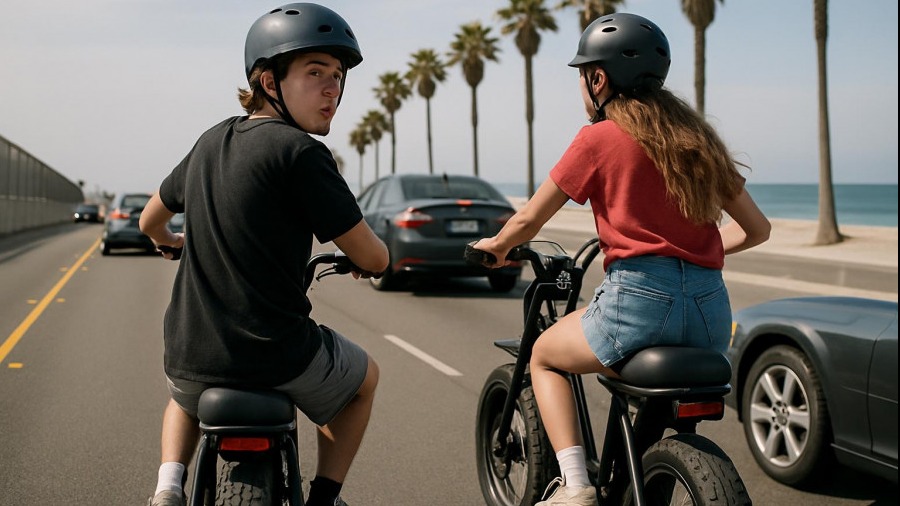 Teenagers riding E-bikes in traffic, promoting cycling awareness and community safety.