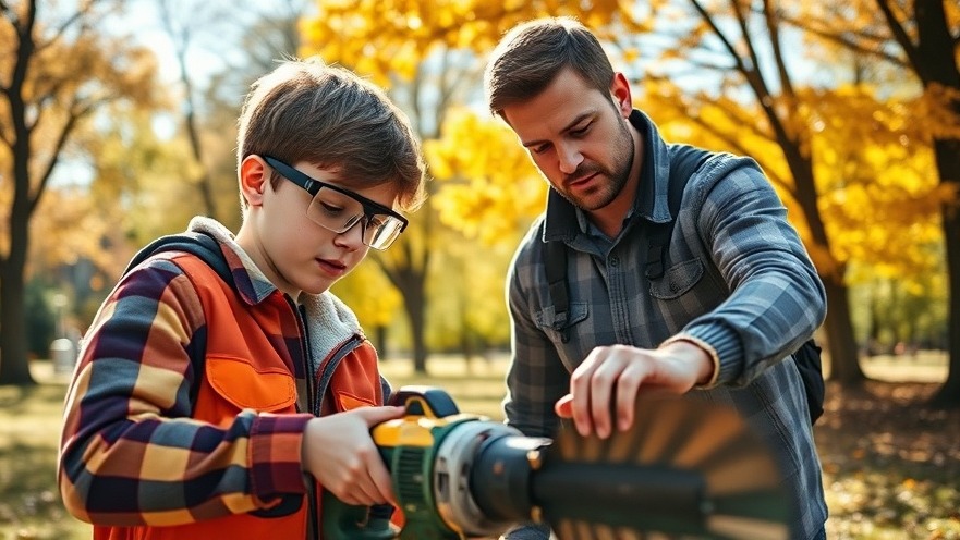 Child learning carpentry in a sunny park.