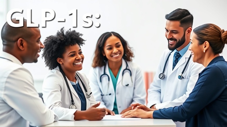 Confident medical professionals discussing pharmaceutical sales trends with a smiling patient.