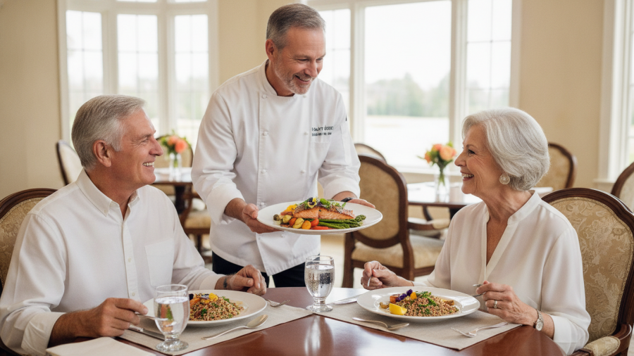 Concept illustration of a chef serving a fresh meal to older adults in a senior-living dining room