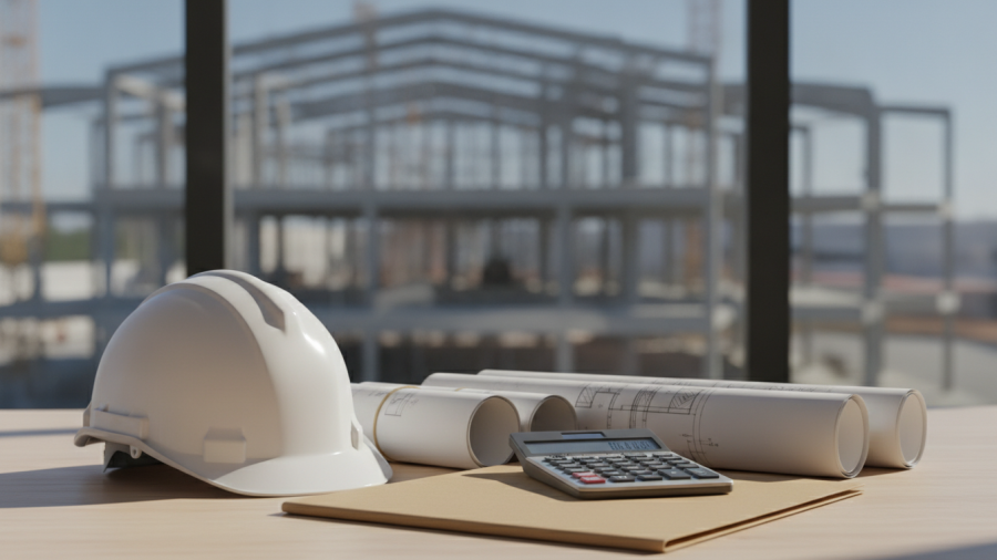 Illustrative construction-finance scene with a hard hat, plans and calculator; not a Bally’s property.