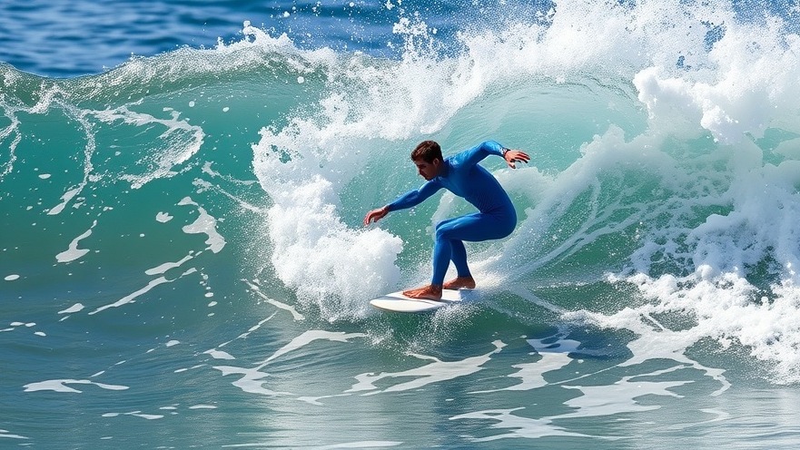 Surfer in blue wetsuit showcases surfing culture with energetic wave maneuver.