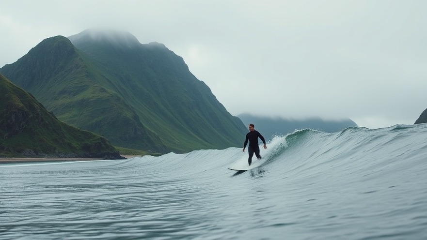 Wetsuited surfer riding a cold-water wave at a mountainous Norwegian beach