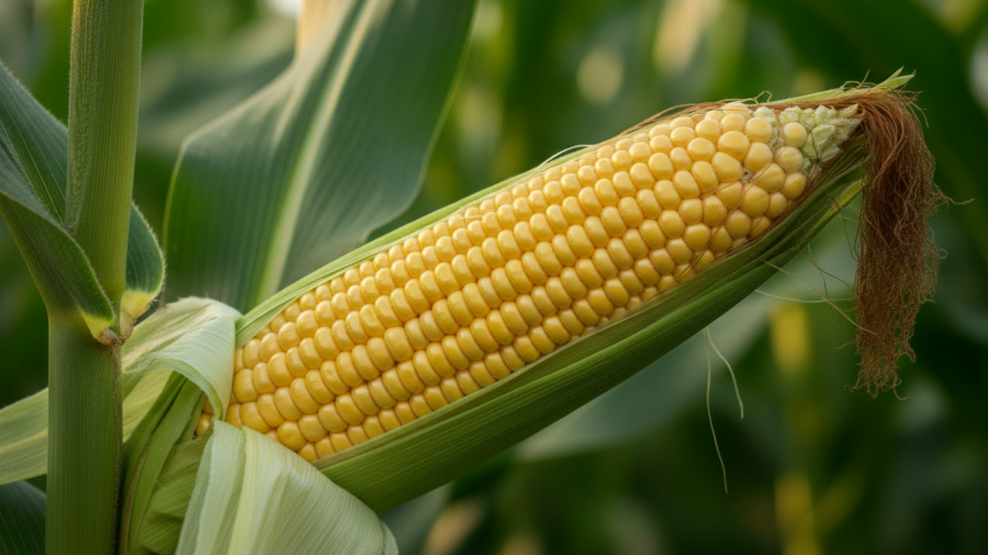 Ripe sweet corn with golden kernels and dry brown silk on the stalk.