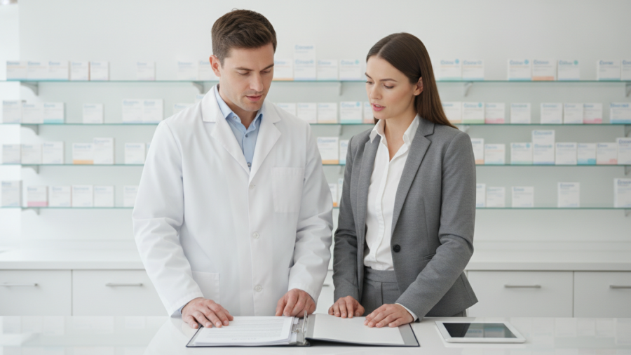 Illustration of a pharmacist and healthcare business professional reviewing medication information