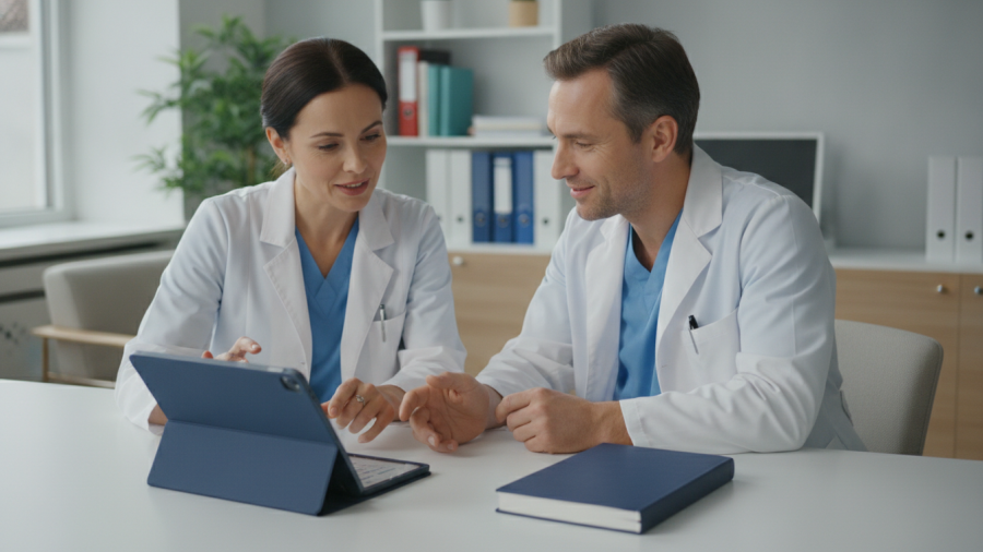 Concept illustration of two healthcare professionals reviewing clinical research on a tablet