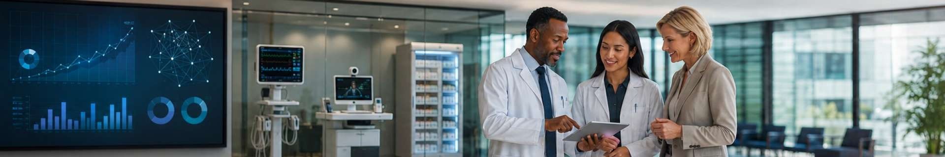 Healthcare leaders reviewing analytics with modern clinical and pharmacy technology