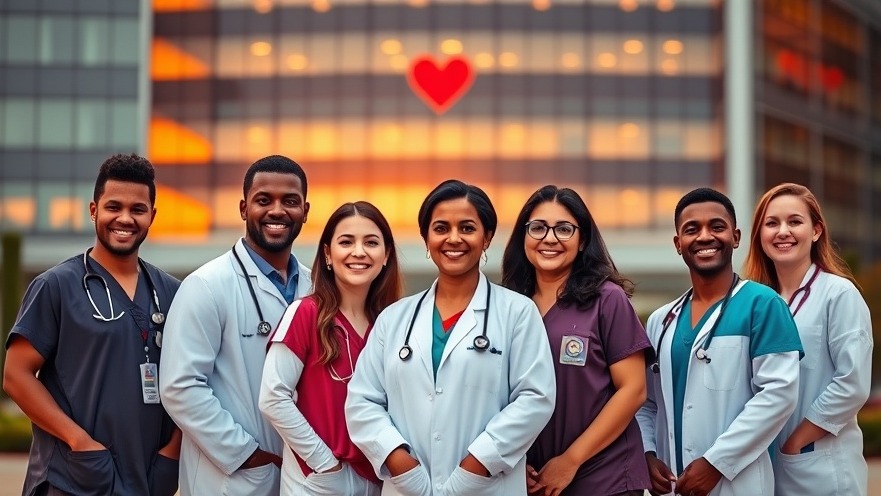 Diverse healthcare professionals in scrubs at a heart hospital, showcasing healthcare automation.