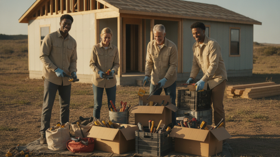 Concept illustration of volunteers sorting donated tools for a community housing project