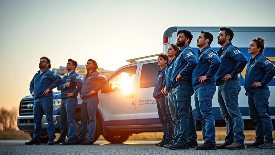 Diverse home service professionals with a custom service truck, embodying fleet management innovation.