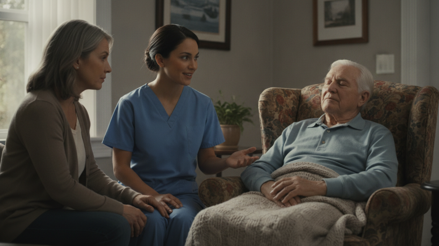 Illustration of a hospice nurse discussing care with an older man and his daughter at home
