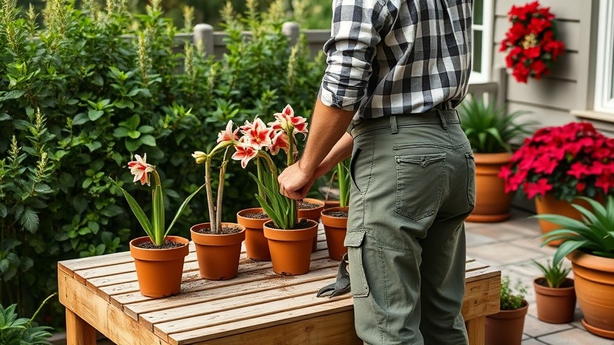 Gardener potting amaryllis plants on a home patio