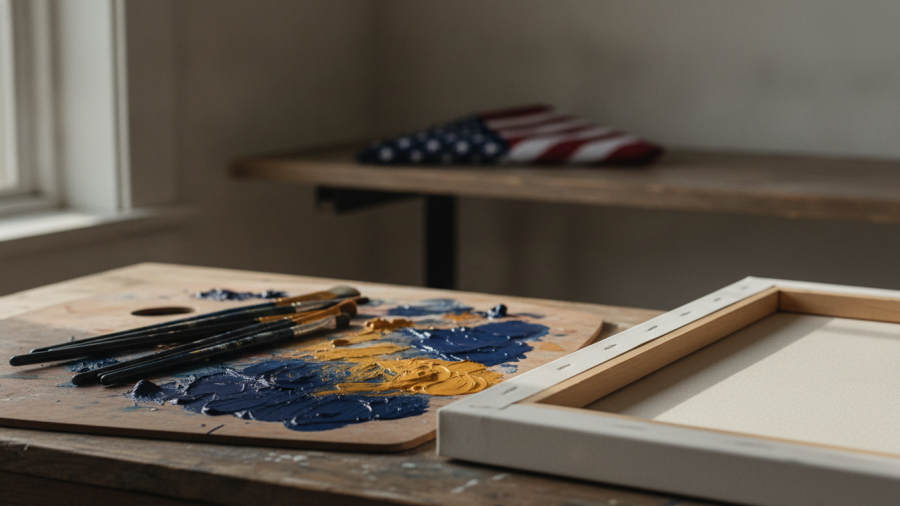 AI-generated illustration of brushes, a paint palette and canvas with an American flag in the background.