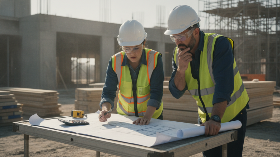 Two construction professionals reviewing plans at a building site.