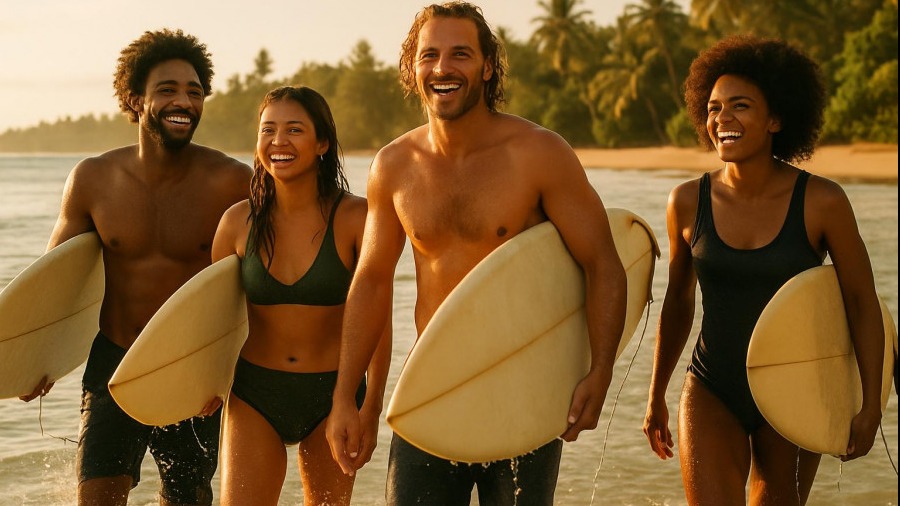 Joyful surfers embodying surf culture Playa Guiones, basking in golden hour light.