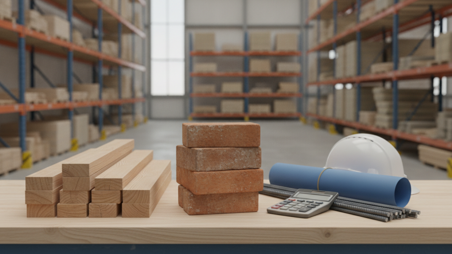 Illustration of lumber, bricks, reinforcing steel, a calculator and plans for construction cost planning