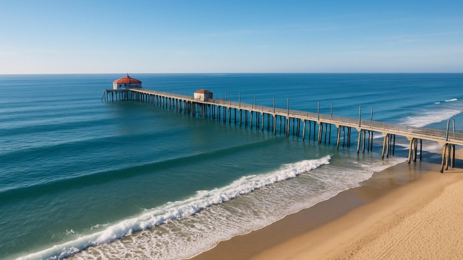 Aerial view of Huntington Beach pier showcasing surf competitions and community involvement.