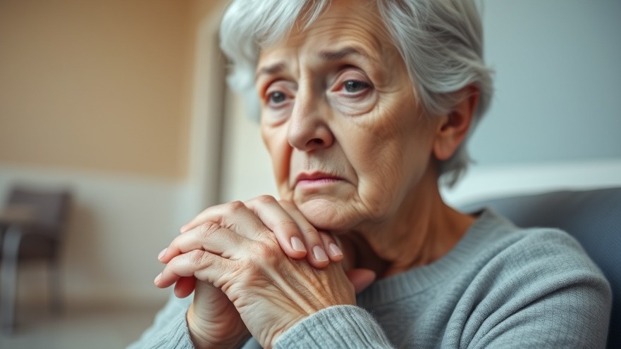 Concerned elderly woman in a nursing home, reflecting on nursing home care standards.