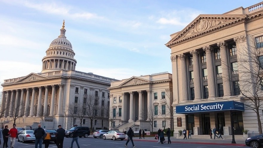 Scene in Washington DC with Social Security building, depicting financial security for elderly.