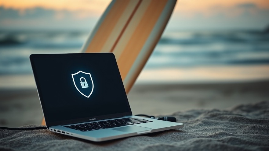 Laptop security interface beside a surfboard near a Southern California beach