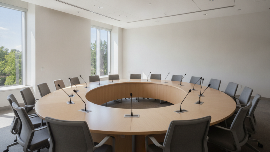 Illustrative empty board meeting room representing public college governance.