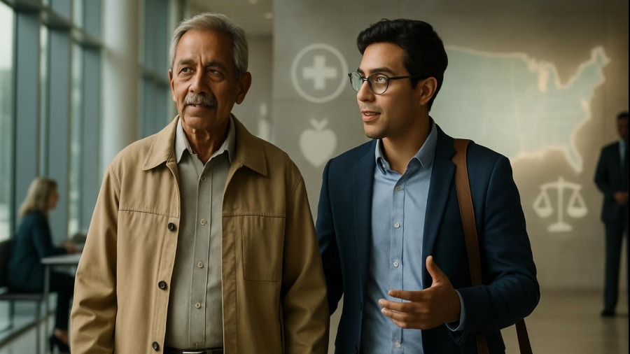 Older immigrants receiving advocacy support in a bright civic center with symbols of public benefits.