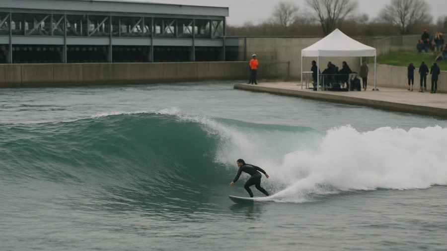 Surfer competing on an artificial wave in a large modern wave-pool venue