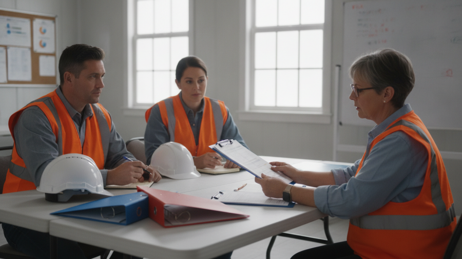 Illustration of construction supervisors reviewing safety records during a training session