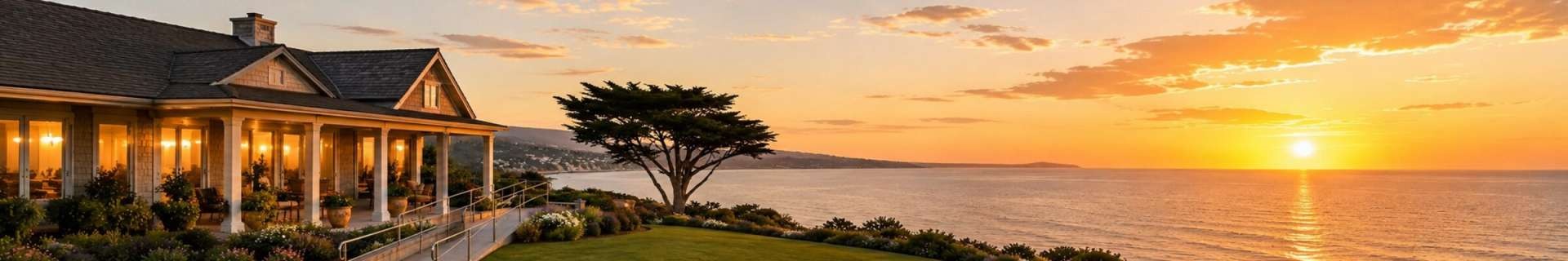 Upscale coastal senior living residence with accessible walkway, ocean view, and sunset