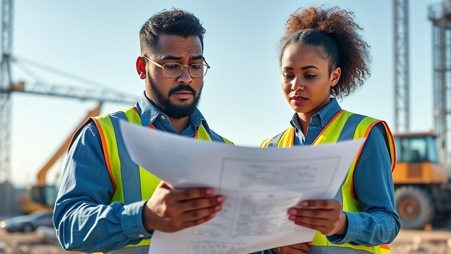 Engineers reviewing blueprints at a construction site, highlighting budget accuracy.