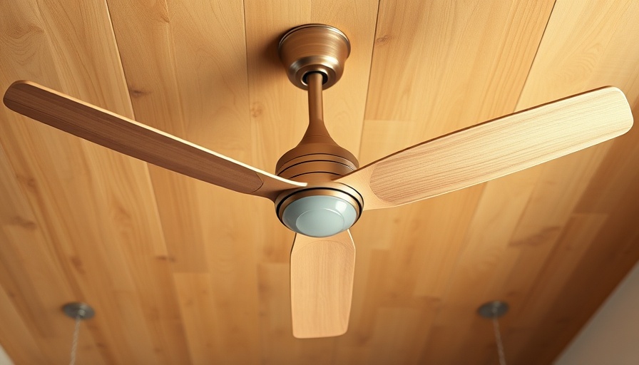 Sleek modern ceiling fan with wooden blades against a wooden ceiling.