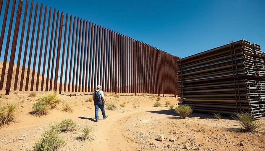 Steel border wall construction amidst desert landscape, border wall debate.