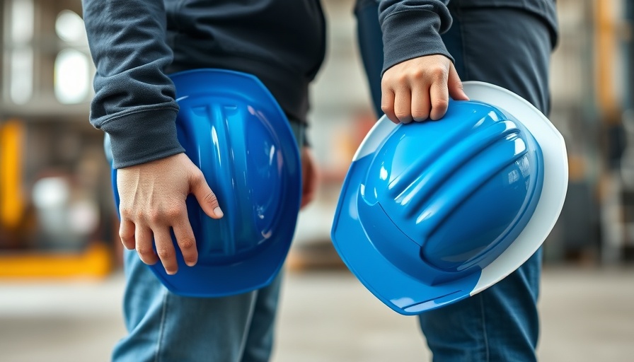 Workers holding hard hats, emphasizing technology in safety strategy.