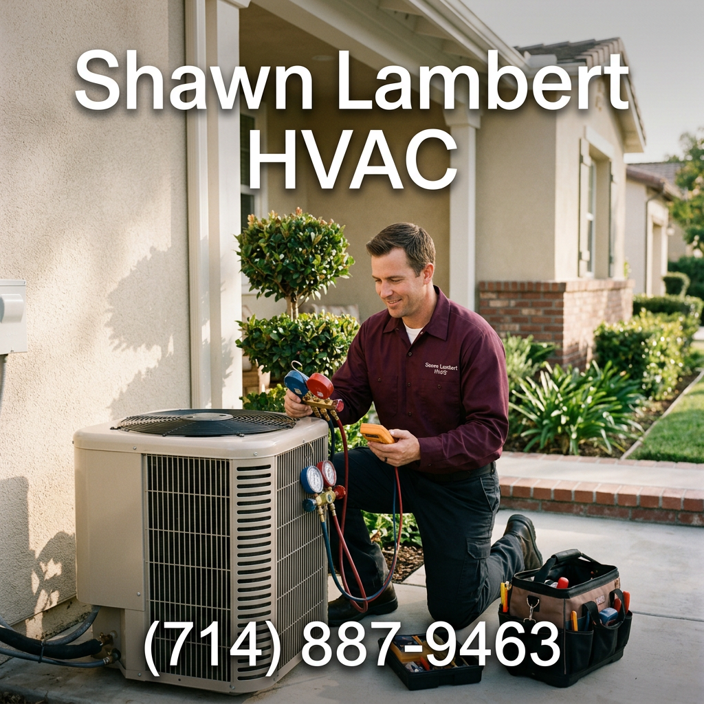 Photorealistic HVAC service at a Huntington Beach home with technician and AC unit.