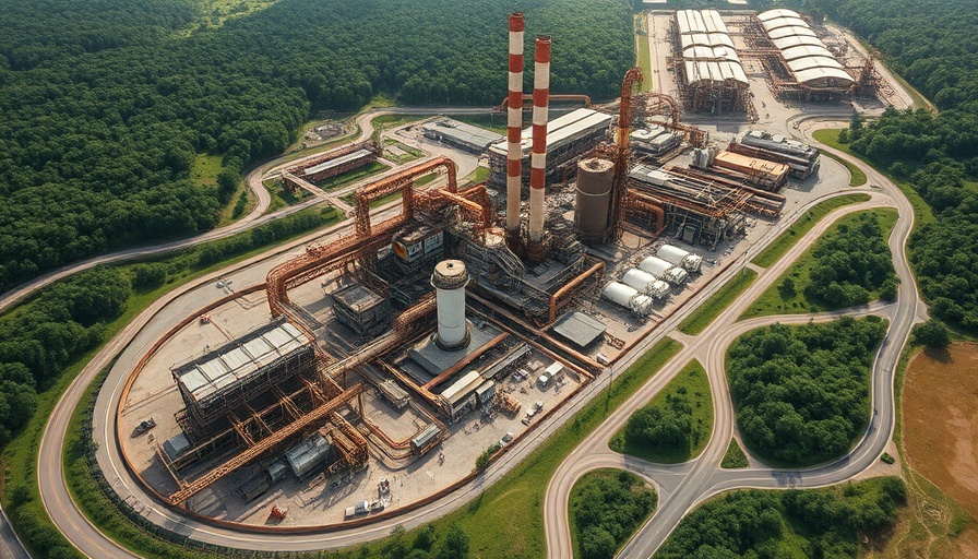 Low carbon steel plant in lush green setting by a water body.