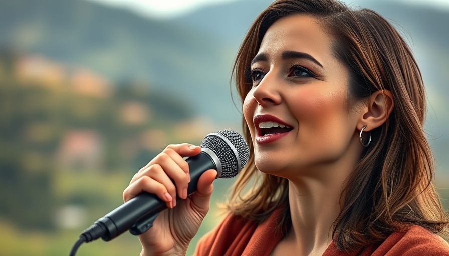 Confident woman speaking passionately into a microphone, natural setting.