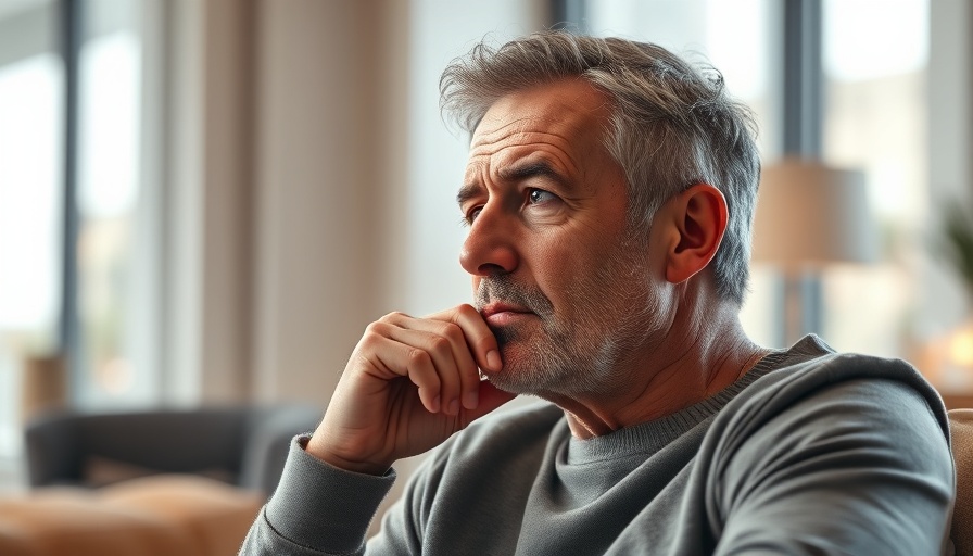 Thoughtful man sitting indoors, contemplating quantum coherence.