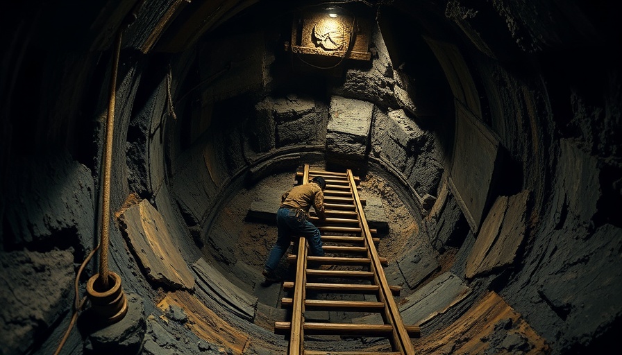 NYC sewer project worker descends into wooden shaft.